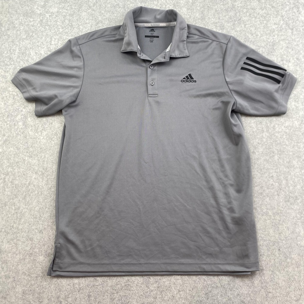 Adidas Polo Shirt Mens Medium Gray Solid Golf Performance 3 Stripe Lightweight